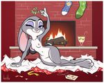  anthro artbirchly_(artist) breasts christmas clothing disney eggnog female fireplace fur gift gift_tag grey_fur holidays judy_hopps lagomorph legwear looking_at_viewer mammal mistletoe nude plant purple_eyes rabbit solo stockings wrapping_paper zootopia 