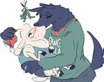  2016 anthro betty_(weaver) blush canine caprine christmas clothing digital_media_(artwork) disney duo eyes_closed fan_character female hat holidays kissing male mammal mistletoe nobody_(artist) pack_street plant remmy_cormo romantic_couple santa_hat sheep simple_background size_difference sweater wolf wool zootopia 