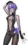  arm_above_head bare_shoulders breasts cleavage dark_skin fate/grand_order fate/prototype fate/prototype:_fragments_of_blue_and_silver fate_(series) gloves hassan_of_serenity_(fate) medium_breasts mhg_(hellma) navel purple_hair short_hair solo weapon white_background 