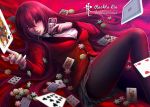  1girl bangs black_legwear breasts card chains checkered checkered_skirt commentary english_commentary hair_between_eyes hime_cut id_card jabami_yumeko jacket kakegurui large_breasts leg_up long_hair looking_at_viewer lying name_tag on_back outstretched_hand pantyhose playing_card poker_chip rachta_lin red_eyes red_hair red_jacket school_uniform shirt skirt smile solo sweat very_long_hair white_shirt 