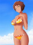  bikini blue_sky breasts brown_hair candela_(pokemon) cleavage cloud cowboy_shot dark_skin day highres large_breasts looking_at_viewer navel orange_bikini outdoors pokemon pokemon_go short_hair sky solo standing swimsuit yellow_eyes yutori_roriron 