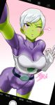  1girl ;o armpits bodysuit breasts cameltoe cheelai collarbone dragon_ball dragon_ball_super green_skin heart highres jazzjack looking_at_viewer one_eye_closed open_mouth outstretched_arm phone phone_screen purple_eyes self_shot skin_tight solo standing text_focus white_hair 