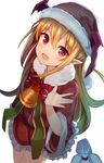  :d absurdres bat_wings bell blonde_hair blush christmas commentary_request fang granblue_fantasy happy hat head_wings highres jingle_bell long_hair looking_at_viewer looking_up marisayaka open_mouth pointy_ears red_eyes sack santa_costume santa_hat shingeki_no_bahamut smile solo vampire vampy wings 