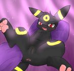  3_toes anus bed black_fur black_nose clitoris eeveelution female fur glowing looking_at_viewer nintendo on_bed open_mouth pawpads pillow pok&eacute;mon presenting presenting_pussy pussy red_eyes ryoku saliva solo spread_legs spreading toes tongue umbreon video_games 