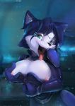  2016 anthro blue_hair bodysuit breasts canine clothing einshelm female fox hair krystal mammal nintendo nipples open_mouth skinsuit solo star_fox tight_clothing tongue tongue_out video_games 