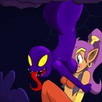  abstract_background blue_eyes blush breasts brown_skin butt cleavage clothed clothing davidsanchan duo ear_piercing female hair long_hair long_tongue piercing pointy_ears ponytail purple_hair purple_skin shantae shantae_(series) tongue tongue_out yellow_eyes yellow_sclera 