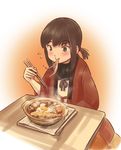  black_hair blush brown_eyes chopsticks commentary dotera_(clothes) eating egg food fubuki_(kantai_collection) kantai_collection karasu_(naoshow357) kotatsu low_ponytail md5_mismatch nabe newspaper noodles ponytail remodel_(kantai_collection) school_uniform serafuku short_hair short_ponytail sidelocks solo table tempura udon 