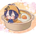  ^_^ abandon_ranka bandana blue_hair blush_stickers chibi closed_eyes egg flower food in_food japanese_clothes male_focus mikazuki_munechika miniboy open_mouth smile solo touken_ranbu udon 