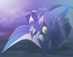  ambiguous_gender big_tail blue_eyes blue_fur blurred_background canine cool_colors dog feral fluffy fluffy_tail fur looking_at_viewer mammal pink_nose rudragon skull solo 