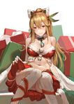  alternate_costume bare_shoulders blonde_hair bow breasts cancer_(zjcconan) cleavage commentary fur_trim gift granblue_fantasy green_bow hair_between_eyes hair_bow hair_ornament large_breasts long_hair midriff navel panties pantyshot pantyshot_(sitting) pink_panties pom_pom_(clothes) ponytail red_eyes red_ribbon red_skirt ribbon santa_costume simple_background sitting skirt skirt_lift solo striped striped_panties thighhighs underwear vira_lilie white_background white_legwear white_panties 