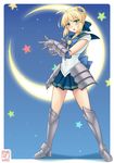  2016 ahoge artoria_pendragon_(all) bishoujo_senshi_sailor_moon blonde_hair blue_background blue_bow blue_skirt blush boots bow braid brooch choker cosplay crescent_moon dated embarrassed fate/stay_night fate_(series) faulds french_braid green_eyes grey_footwear hair_ornament jewelry knee_boots looking_at_viewer magical_girl metal_boots metal_gloves moon open_mouth parody pleated_skirt saber sailor_senshi_costume sailor_senshi_uniform short_hair signature skirt solo star thealagator tsuki_ni_kawatte_oshioki_yo 