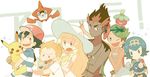  3girls bad_id bad_pixiv_id baseball_cap black_hair blonde_hair blue_eyes blue_hair bounsweet braid dark_skin dark_skinned_male dress flower gen_1_pokemon gen_4_pokemon gen_7_pokemon green_eyes green_hair hair_flower hair_ornament hairband hat jewelry kaki_(pokemon) lillie_(pokemon) long_hair maamane_(pokemon) mao_(pokemon) mochi730 multicolored_hair multiple_boys multiple_girls necklace one_eye_closed open_mouth overalls pikachu pokedex pokemon pokemon_(anime) pokemon_(creature) pokemon_sm_(anime) popplio red_hair rotom rotom_dex satoshi_(pokemon) shirt short_hair sleeveless sleeveless_dress striped striped_shirt suiren_(pokemon) sun_hat togedemaru twin_braids twintails v white_dress white_hat z-ring 