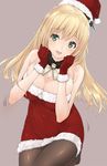  :d alternate_costume atago_(kantai_collection) bare_shoulders black_legwear blonde_hair blush breasts cleavage dress fur_trim gloves green_eyes hat highres kantai_collection large_breasts long_hair looking_at_viewer open_mouth pantyhose red_dress red_gloves santa_costume santa_hat short_dress smile solo strapless strapless_dress urigarasu 