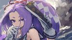  2016 bangs bow closed_fan dated fan faux_traditional_media folding_fan gloves hair_bow hair_ornament hand_to_own_mouth hatsuharu_(kantai_collection) highlights holding holding_fan kantai_collection lansane long_hair looking_at_viewer multicolored_hair parted_bangs ponytail purple_eyes purple_hair shirt sleeveless sleeveless_shirt smile solo upper_body 