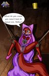  2016 anthro bdsm bondage bottomless bound brown_eyes butt canine clitoris clothed clothing dialogue disney dress english_text female fox fur hood inside lock maid_marian mammal mancoin open_mouth pubes pussy red_fur robin_hood_(disney) rope silverfox100 solo speech_bubble spread_legs spreading text white_fur 