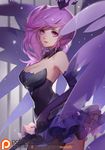  2016 armpits bangs bare_shoulders black_legwear breasts choker cleavage cowboy_shot crown dark_elementalist_lux december dress elbow_gloves elementalist_lux from_side gloves league_of_legends light_smile long_hair looking_at_viewer looking_to_the_side luxanna_crownguard medium_breasts miniskirt parted_lips patreon_logo patreon_username pink_eyes purple_dress purple_gloves purple_hair shiny shiny_hair side_ponytail skirt sleeveless sleeveless_dress solo songjikyo sparkle watermark wings 