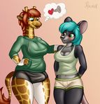  &lt;3 2016 anthro big_breasts blue_eyes blue_hair blush breasts brown_fur bulge cleavage clothed clothing dickgirl dickgirl/female duo english_text female fur giraffe green_eyes grey_fur hair hirurux horn intersex intersex/female long_hair mammal mouse navel red_fur red_hair rodent screw shirt shorts signature spots sweater tank_top text thought_bubble tight_clothing white_fur 