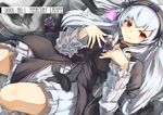  black_feathers commentary_request engrish gedou_(shigure_seishin) gothic_lolita hairband highres lolita_fashion lolita_hairband long_hair looking_at_viewer lying ranguage red_eyes rozen_maiden silver_hair smile solo suigintou 