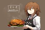  2016 apron brown_background brown_hair dated food hair_between_eyes holding holding_plate kantai_collection lansane long_sleeves neckerchief plate shirt short_hair signature smile solo steam tomato translation_request turkey_(food) upper_body wakaba_(kantai_collection) white_shirt yellow_eyes 