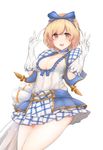  blonde_hair blue_ribbon blush breasts brown_eyes cleavage collar commentary djeeta_(granblue_fantasy) double_v frilled_collar frills gloves granblue_fantasy hair_ribbon hands_up highres kimi_to_boku_no_mirai large_breasts linez looking_at_viewer open_mouth plaid plaid_skirt pleated_skirt puffy_short_sleeves puffy_sleeves ribbon short_sleeves showgirl_skirt simple_background skirt solo v white_background white_gloves white_skirt 