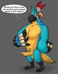  2016 anklet anthro avian balls beak bird breath_of_the_wild english_text erection feathers front_view grey_background hand_on_chest humanoid_penis jewelry kass_(zelda) looking_at_viewer male multicolored_feathers nintendo nude penis signature simple_background solo speech_bubble standing text the_legend_of_zelda vein veiny_penis video_games x03 yellow_eyes 