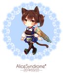  2014 :&lt; animal_ears blush brown_hair cat_ears cat_tail chibi circle_name commentary_request dated flight_deck hakama_skirt japanese_clothes kaga_(kantai_collection) kantai_collection kemonomimi_mode muneate sandals side_ponytail solo tail tasuki thighhighs toosaka_asagi 