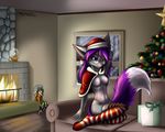  2016 anthro areola box breasts candle canine christmas clothed clothing eyewear female fire fireplace fox fur glasses grey_fur hair hat holidays inside legwear lights long_hair mammal mancoin navel nipples partially_clothed pink_nipples plushie purple_eyes purple_fur purple_hair ribbons skimpy smile sofa solo tree white_fur 