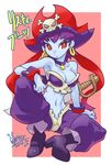  1girl artist_request blue_skin breasts choker cleavage earrings looking_at_viewer navel purple_hair red_eyes risky_boots shantae sword translation_request 