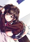  all_fours ass blazer blush bow breasts brown_eyes brown_hair dress_shirt green_panties jacket large_breasts long_hair looking_at_viewer nipples one_side_up open_clothes open_shirt original panties panty_pull school_uniform shirt skirt smile solo underwear yuzuki_n_dash 