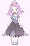  1girl acerola_(pokemon) black_dress blue_dress blush clenched_hand dress elite_four full_body hair_ornament looking_at_viewer matching_hair/eyes multicolored_dress nezumi_inu nintendo open_mouth pokemon pokemon_(game) pokemon_sm purple_eyebrows purple_eyes purple_hair sandals solo stitches trial_captain 