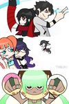  4girls blake_belladonna dog doughnut emerald_sustrai food multiple_girls neon_katt panty_&amp;_stocking_with_garterbelt parody qrow_branwen raven_branwen rwby siblings taneuki zwei_(rwby) 