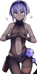 ass_visible_through_thighs bare_arms bare_shoulders blush breasts cleavage contrapposto dark_skin fate/grand_order fate/prototype fate/prototype:_fragments_of_blue_and_silver fate_(series) gloves hassan_of_serenity_(fate) heart medium_breasts navel plan_(planhaplalan) purple_eyes purple_hair short_hair solo standing thigh_gap white_background 