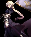  absurdres armor black_background blonde_hair fate/apocrypha fate_(series) highres jeanne_d'arc_(fate) jeanne_d'arc_(fate)_(all) long_hair looking_at_viewer parted_lips purple_eyes scabbard sheath shiguru solo standard_bearer sword thighhighs thighs weapon 