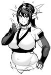  bare_shoulders belly blush breasts cleavage fingerless_gloves gloves greyscale hand_on_hip highres huge_breasts kantai_collection long_hair looking_at_viewer monochrome nagato_(kantai_collection) navel no_legs plump simple_background sketch smile solo sparkle synecdoche thumbs_up white_background 