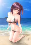  ahoge bangs bare_arms bare_shoulders barefoot beach bikini bikini_pull blue_sky blush breasts collarbone covered_nipples day dkaze eyebrows_visible_through_hair full_body hagikaze_(kantai_collection) highres horizon island kantai_collection kneeling large_breasts long_hair looking_at_viewer mouth_hold navel nose_blush ocean one_side_up outdoors purple_eyes purple_hair shiny shiny_skin sky solo sunlight swimsuit undressing untied untied_bikini water wet 