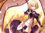  armor armored_dress blonde_hair braid breasts fate/apocrypha fate_(series) gauntlets headpiece jeanne_d'arc_(fate) jeanne_d'arc_(fate)_(all) large_breasts long_braid long_hair looking_at_viewer minamina open_mouth purple_eyes single_braid solo standard_bearer thighhighs thighs 