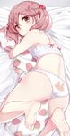  animal_print back-print_panties barefoot bed_sheet blush bow bow_bra bra breasts bunny_panties bunny_print food_print hair_bobbles hair_ornament kantai_collection kengorou_saemon_ii_sei lying panties pillow pillow_hug pink_hair print_panties print_pillow sazanami_(kantai_collection) small_breasts solo strawberry_print two_side_up underwear underwear_only white_bra white_panties 