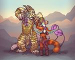  2016 anthro arm_grab armor avian barefoot blue_eyes boots braided_hair charr claws clothing duo fangs feline footwear gryphon guild_wars hair horn inner_ear_fluff mammal open_mouth open_smile outside pose purple_eyes rear_view ringed_tail sepia_(artist) size_difference smile standing toe_claws video_games 