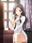  between_legs black_hair black_neckwear breasts cleavage collarbone dress_shirt green_eyes hand_between_legs indoors large_breasts lipstick long_hair makeup mole mole_under_mouth naked_shirt necktie one_eye_closed open_clothes open_shirt red_lipstick senjou_no_valkyria senjou_no_valkyria_2 shirt sitting sofia_collins solo untied watermark white_shirt yuuki_makoto_(radiant) 