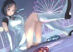  arm_support bangs black_hair blush boots breasts building car commentary dress ferris_wheel fireworks giantess green_eyes ground_vehicle knee_boots lamppost medium_breasts motor_vehicle nagase_reiko night parted_bangs parted_lips racing ridge_racer short_dress short_hair short_sleeves sitting smile solo utopia white_dress white_footwear 