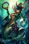  5_fingers armpits beige_skin black_sclera breasts bubble day female green_skin holding_object holding_weapon humanoid_hands league_of_legends looking_at_viewer marine merfolk nami_(lol) quirkilicious red_eyes solo staff underwater video_games water weapon 