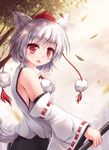  animal_ears bare_shoulders blush detached_sleeves hat inubashiri_momiji leaf looking_at_viewer lzh open_mouth pom_pom_(clothes) red_eyes ribbon-trimmed_sleeves ribbon_trim short_hair silver_hair solo tail tokin_hat touhou wide_sleeves wolf_ears wolf_tail 