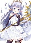  absurdres black_legwear blue_eyes bridal_gauntlets collarbone detached_sleeves dress eyebrows_visible_through_hair granblue_fantasy hairband highres holding lily_(granblue_fantasy) long_hair open_mouth pointy_ears ruriruno silver_hair simple_background solo staff thighhighs white_background white_dress 