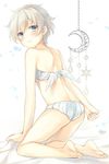  3: angel_wings artist_name ass back barefoot bed_sheet blue_eyes blush bra cinderella_bust commentary_request crescent highres jpeg_artifacts kantai_collection kneeling looking_at_viewer looking_back messy_hair mini_wings panties platinum_blonde_hair sheet_grab short_hair signature solo star toosaka_asagi underwear underwear_only white_bra white_panties white_wings wings z1_leberecht_maass_(kantai_collection) 