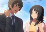  1girl bangs black_hair blue_neckwear blue_sky blush brown_eyes brown_hair cardigan cloud cloudy_sky collared_shirt commentary dacchi day dress_shirt eye_contact formal grey_eyes hand_on_own_neck hand_up highres holding_strap jewelry kimi_no_na_wa long_hair looking_at_another miyamizu_mitsuha necklace necktie older open_mouth outdoors red_string shirt sky smile spoilers star star_necklace string suit tachibana_taki white_shirt yellow_shirt 