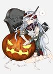  absurdres ahoge alternate_costume assault_rifle bags_under_eyes bandaged_arm bandaged_head bandaged_leg bandages bangs belt blush buckle commentary_request fang g11 g11_(girls_frontline) girls_frontline green_jacket grey_background grey_shirt gun hair_between_eyes half-closed_eye halloween halloween_costume heckler_&amp;_koch highres holding_pumpkin jack-o'-lantern jacket knife knife_in_head long_hair messy_hair open_clothes open_jacket open_mouth pumpkin purple_scarf red_scarf rifle scarf scarf_on_head shirt sidelocks simple_background sitting solo strap thirdo tombstone torn_clothes torn_jacket torn_scarf torn_shirt wariza weapon 