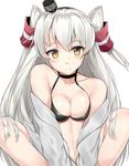  amatsukaze_(kantai_collection) bad_id bad_pixiv_id bangs bare_shoulders bikini bikini_top bikini_under_clothes black_bikini_top blush breasts choker cleavage closed_mouth collarbone eyebrows_visible_through_hair fang fang_out frown grey_jacket hair_tubes hairband highres jacket kantai_collection knees_up long_hair long_sleeves looking_at_viewer medium_breasts navel off_shoulder silver_hair simple_background slit_pupils solo stomach suzuharu_toufu swimsuit two_side_up very_long_hair white_background windsock yellow_eyes 