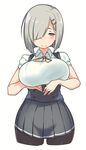  black_legwear blue_eyes blue_skirt blush breast_hold breasts closed_mouth collared_shirt corset cropped_legs dress_shirt hair_ornament hair_over_one_eye hairclip hamakaze_(kantai_collection) kantai_collection kei_(soundcross) large_breasts meme_attire neck_ribbon pantyhose pleated_skirt ribbon shirt short_hair short_sleeves silver_hair simple_background skirt smile solo suspenders underbust virgin_killer_outfit white_background yellow_ribbon 