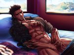  1boy abs bed black_hair erection facial_hair final_fantasy final_fantasy_xv gladiolus_amicitia lying male_focus muscle naughty_face pecs penis penis_grab pillow scar smile smirk solo solo_focus testicle_grab testicles window 