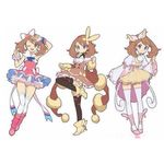  3girls armpit artist_request audino boots brown_hair cleavage cosplay frills haruka_(pokemon) high_heels lopunny miniskirt multiple_girls on_one_leg pokemon purple_eyes ribbon skirt sleeveless stockings sylveon tagme tassels zettai_ryouiki 